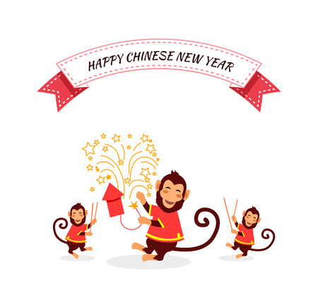 New Year card with monkey. Happy Chinese New Year 2016. New Year monkey. Chinese zodiac monkey. Year of monkey 2016. Chinese New Year greetings. Monkeys in traditional chinese background. Year Monkeyのイラスト素材