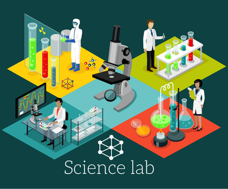 Science lab isomatric design flat. Science and scientist, science laboratory, lab chemistry, research scientific, microscope and experiment, chemical lab science test, technology illustrationのイラスト素材