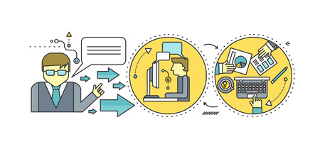 Professional master class seminar presentation. Conference and training, business communication, infographic and organization, teach and education, meeting and personnel. Set of thin, lines flat iconsのイラスト素材