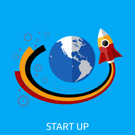 Start up new business project, take off of a business or project or extraterrestrial travel. Start up business concept design. Start up new business project or idea, startup presentation posterのイラスト素材