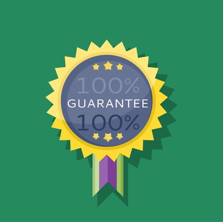Badge sticker guarantee design flat. Warranty and guarantee icon, satisfaction guaranteed, certificate guarantee label, quality guarantee tag, commerce guarantee ribbon, special guarantee illustrationのイラスト素材