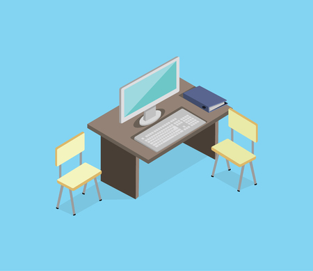 Workplace empty isolated design isometric. 3d Office and work, office workplace, business desk, office interior, empty table, interior isometric workplace, furniture and computer desktop illustrationのイラスト素材