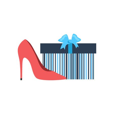 Gift box and woman shoes flat design. Gift and box, shoe present, ribbon and gift box vector, gift box isolated, sale fashion shoes, woman shopping shoes, packaging glamour surprise illustrationのイラスト素材