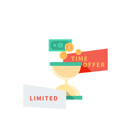 Sale badge time offer limited. Badge and sale, time offer and limited, sale banner, vintage sale, clock sandglass, hourglass sand, glass timer, countdown time offer, stopwatch time flow illustrationのイラスト素材