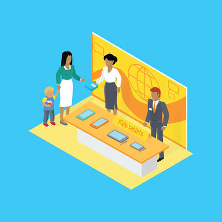 Isometric store children tablet design flat. 3D kids tablet, school tablet, child computer, store computer child, purchase tablet for kid , shopping electronic tablet, isometric commerce store tabletsのイラスト素材
