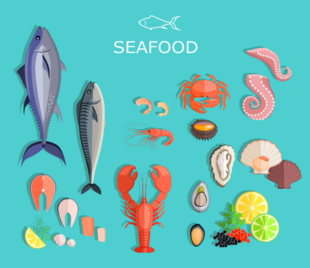 Seafood set design flat fish and crab. Seafood fish, seafood platter, lobster and crab, food oyster, fresh seafood, shrimp and menu seafood, octopus animal, shellfish lemon, fresh seafood illustrationのイラスト素材