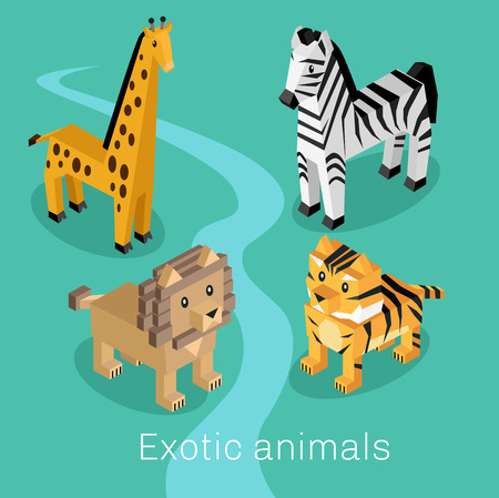 Exotic animal set isometric 3d design. Exotic and animal, animals , cartoon animals, lion wild, cartoon wildlife, fauna giraffe animal, mammal animal, zebra creature illustrationのイラスト素材