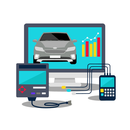 Auto mechanic service flat icons of maintenance car repair. Auto service concept. Car service diagnostics. Computers are used to communicate with auto electronicsのイラスト素材
