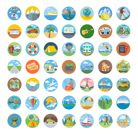 Set of travel icon flat design. Transportation icons, travel and map icon, icon tourism, compass and globe, vacation summer, beach and car icon, holiday illustrationの販売画像