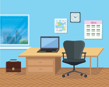 Modern office interior with designer desktop in flat design. Interior office room. Office space. Vector illustration. Working place in office interior workplace. Laptop on desk near chairのイラスト素材