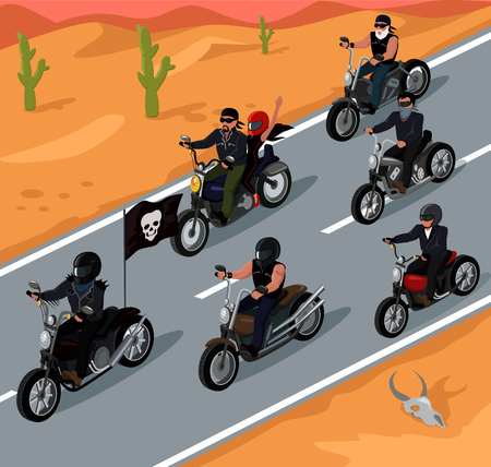 Bikers riding on the highway design. Bike and rider road motorcycle biker, motorbike travel, highway speed, adventure freedom bikers driver, motion transport riding vector illustrationのイラスト素材