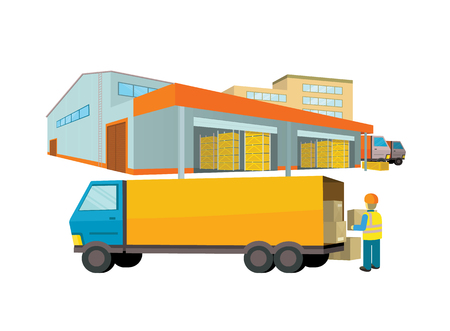 Equipment delivery process of the warehouse. Warehouse interior, logisti and factory, building warehouse exterior, business delivery, storage cargo vector illustration. Loader unloads the vanのイラスト素材