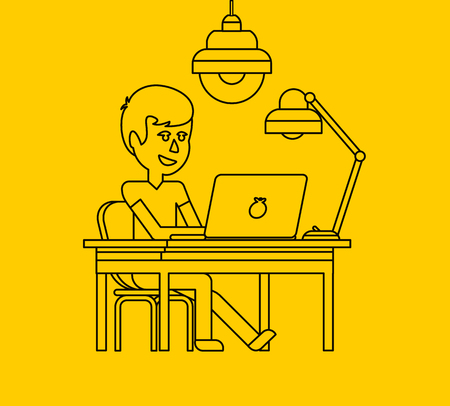Man work with computer laptop design flat. Computer and business man worker, man in office desk, businessman person at table workplace, character work manager vector illustration. Black on yellowのイラスト素材