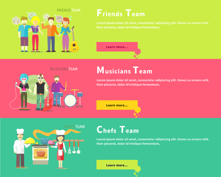 Friends team people group flat style. Friendship and group of friends, best friends. Musicians team. Music and singer, artist and musical instruments. Chefs team. Cook food, restaurant and kitchenのイラスト素材
