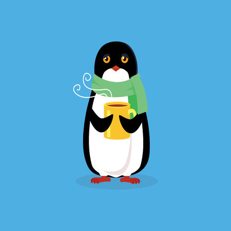 Animal penguin design flat. Bird penguin vector, cartoon polar animal winter isolated, penguin in scarf, wild penguin character with scarf and cup illustrationのイラスト素材