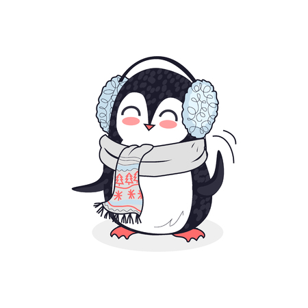 Animal penguin design flat. Bird penguin vector, cartoon polar animal winter isolated, penguin in scarf, wild penguin character in headphones illustrationのイラスト素材