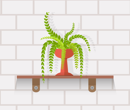 Houseplant design flat concept. House plant pot isolated, indoor plants flower and green nature, leaf and pot, gardening growth vector illustration. Vase with flowers on shelf against wall of brickのイラスト素材