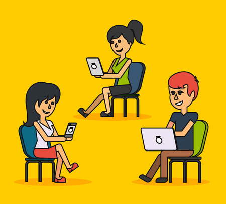 People work in office design flat. Business woman and man, computer worker, Office desk table and workplace. Guy girl sitting on chair at table in front of computer laptop monitorのイラスト素材