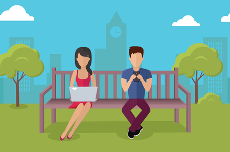 Internet addiction disorder technology. People man and woman game smartphone in park, web addict, internet dependence, technology mobile addiction, social web addiction vector illustrationのイラスト素材