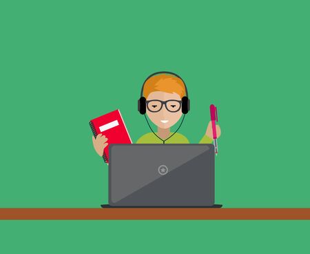 Student education on laptop isolated. College student, school and graduation, study with laptop, student with computer, student studying online, university student reading laptop illustrationのイラスト素材