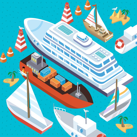 3d isometric set ships. Sea transport. Island and buoy, motorboat and containership, cruise and tanker, cargo shipping, boat transportation, ocean and vessel on blue background. Sea transport vectorのイラスト素材