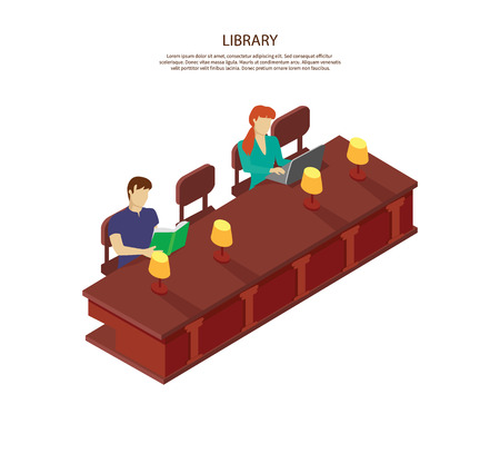 People read for the library table. Students man and woman sitting in the library at table with lamps. The guy is reading a book, she works on laptop isolated white background. Vector illustrationのイラスト素材