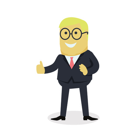 Businesman show gesture thumb up. Young successful man in glasses do business hand gesture shows good job isolated on white background. Approval of the praise and agreement. Vector illustrationのイラスト素材