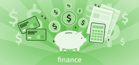 Finance concept banner design flat. Pig piggy bank with gold dollar coins. Financial documents and credit card calculator. Conceptual green banner with finances to pay for items. Vector illustrationのイラスト素材