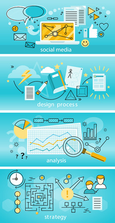 Social media analysis and strategy. Set of banners and strategy analysis, social media and design process. Decision challenges isledovanie data graphs and diagrams flat style. Vector illustrationのイラスト素材