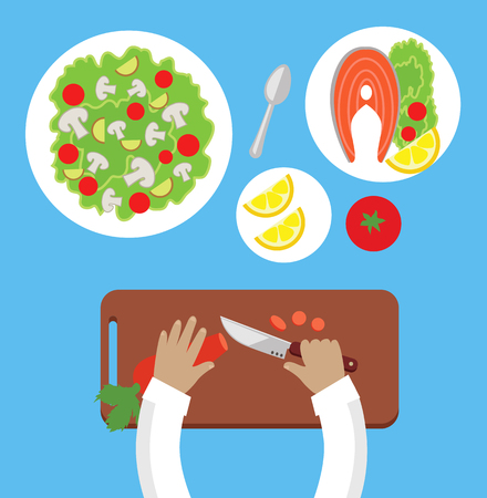 Prepare a meal top view design flat. Human hands with a knife cutting carrots on a wooden board for a salad. Bowl of salad with mushrooms and tasty dish of fish with lemon. Vector illustrationのイラスト素材