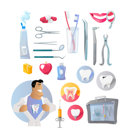 Tools and items on the theme of stomatology. Medical dentist with tool set for dental medicine design flat. Care and hygiene dentistry for  tooth and equipment for stomatology. Vector illustrationのイラスト素材