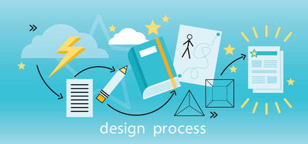 Design process banner flat concept. Process and procedure for the establishment of new creative design. Path from idea to finished projects. Drawing in pencil on sheet paper. Vector illustrationのイラスト素材