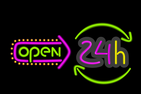 Neon sign open round the clock on a black background. Bright neon signboard text open glowing lines night cafes or bars, disco clubs isolated on background flat style design. Vector illustrationのイラスト素材