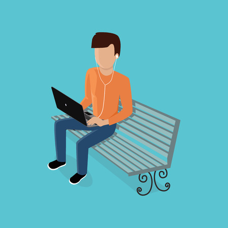 Man with gadget. Men use his device laptop, listening to music with headphone. Guy sitting on the bench with a laptop. Vector illustrationのイラスト素材