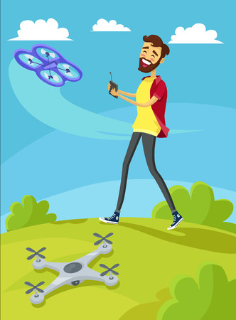 Man controls drone on lawn. Happy guy with beard and control panel for quadrocopters in hands in nature on green field design flat style. Innovative transportation technology. Vector illustrationのイラスト素材