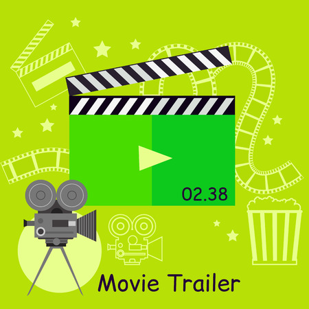Movie trailer camera with slapstick. Movie film or trailer for cinema entertainment. Video cinematography poster. Action and clapperboard equipment design flat style concept. Vector illustrationのイラスト素材