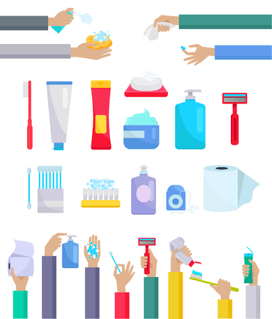 Accessories and hygiene items. Human hands are holding a variety of accessories for the care toothpaste and toothbrush, toilet paper, razor, cream and ear sticks design flat. Vector illustrationのイラスト素材