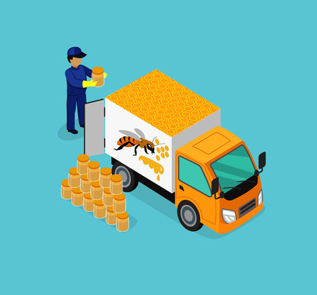 Isometric honey bee apiary with beekeeper design flat. 3D Beekeeping work, sweet honey, farm natural honey, 3d beekeeper collect eco honey, bee fly for honey on apiary, beemaster job, collect honeyのイラスト素材