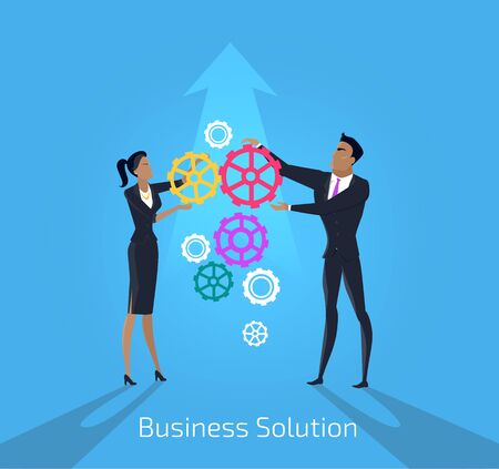 Business solution. Man and woman. Solution business team and people teamwork success. Businessman and woman idea strategy and solve problem with partnership and challenge. Vector illustrationのイラスト素材