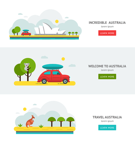 Australia road trip flat design web banners. Welcome to car travel. Incredible Australian nature, architecture Australias National symbols. Koala, kangaroo, Sydney opera. Vector illustration.のイラスト素材