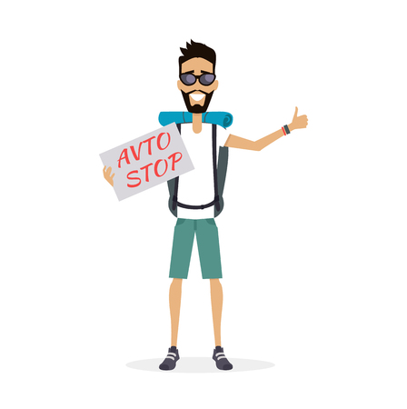 Smiling hitch-hiking traveller man personage vector illustration in flat design. Solo travelling with backpack concept. Low cost country trip on passing cars. Budget travel around the world. Auto stopのイラスト素材