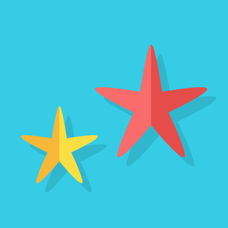 Two multi-colored cheerful cute starfishes on a blue background. Red and yellow cartoon starfishes in flat style. Vector illustrationのイラスト素材