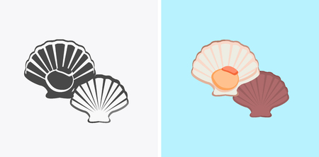 Oysters patterns in colour and monochrome variants. Seafood concept icons in flat style design. Vector illustration fresh deep-sea oyster. Beautiful shell pearl mussels.のイラスト素材