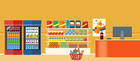 Supermarkets and grocery stores. Retail shop for buy product on shelf, purchase and department food, sale and cart with variety food, interior hypermarket section marketplace, vector illustrationのイラスト素材