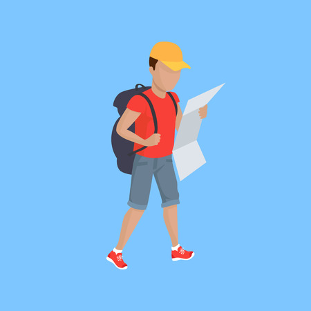 Hiking with backpack illustration. Man in shorts with supplies and map walks on blue background. Vector in modern flat design. Traveller orientation on area concept.のイラスト素材