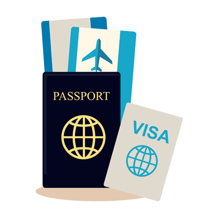 Traveller documents set in flat style design. Passport, visa, airplane tickets icon vector illustration. Preparing and planning summer vacation journey concept. Isoleted on white.のイラスト素材