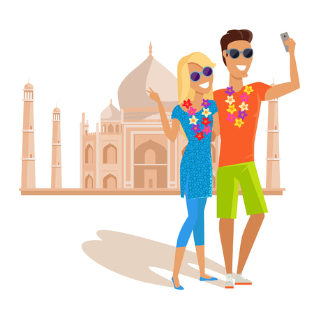Summer vacation in India concept. Honeymoon in exotic countries vector illustration. Selfies on the background of famous historical monuments. Couple taking pictume near Tadj Mahal.のイラスト素材