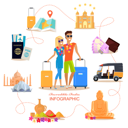 Incredible India travel infographic conceptual poster in flat style design. Summer vacation in exotic countries vector illustration. Honeymoon in India concept. Couple in love India romantic trip.のイラスト素材