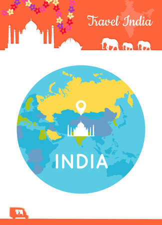 Travel India conceptual poster in flat style design. Summer vacation in exotic countries illustration. Journey to India vector template. Center of the world in low cost tourism concept.のイラスト素材