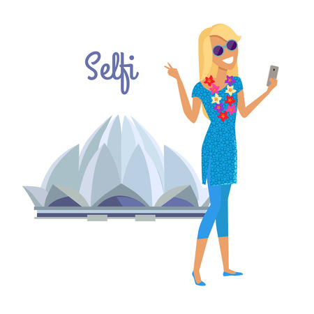 Summer vacation in India concept. Journey in exotic countries vector illustration. Selfie on the background of famous historical monuments. Young woman taking pictume near Lotus temple. Flat Design.のイラスト素材